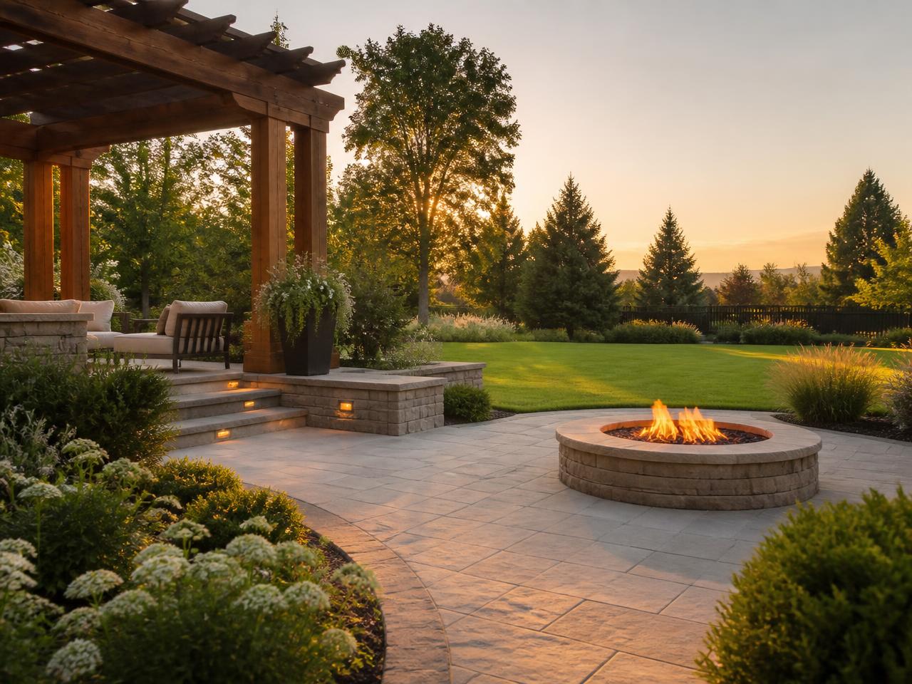 Elegant outdoor living space with fire feature and stone patio at golden hour