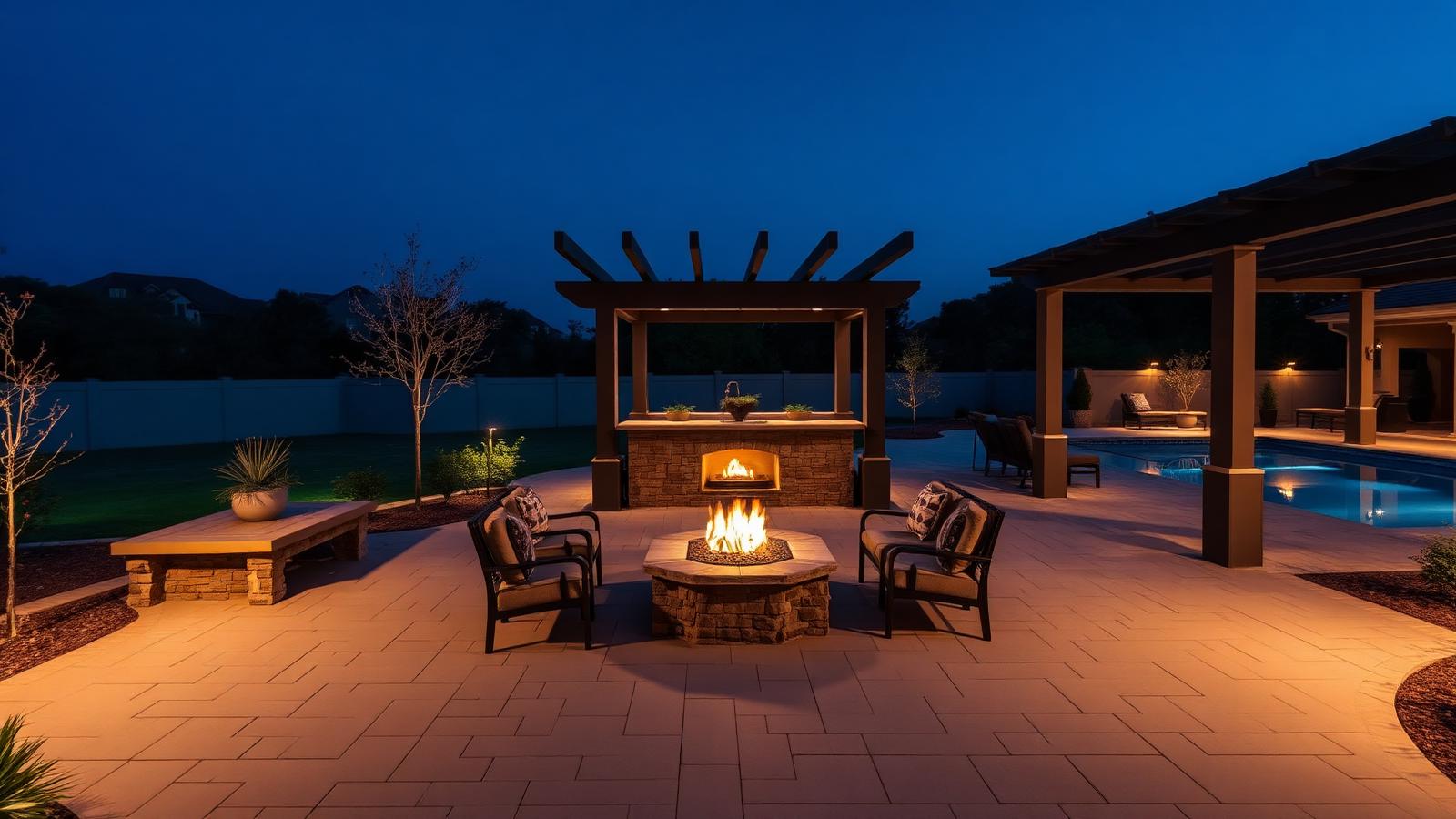 Luxury outdoor living project at dusk